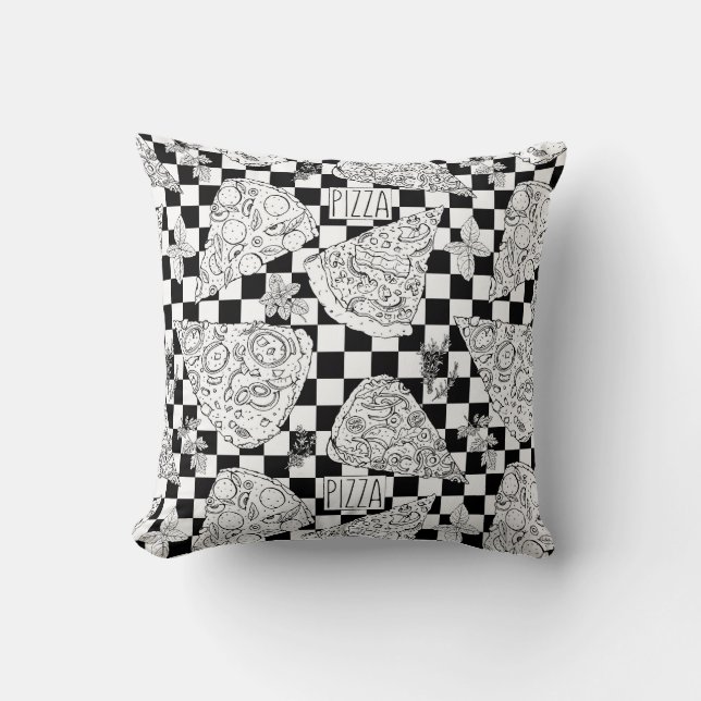 Black White Chequered Pizza Slices Herbs Sketch Cushion (Front)