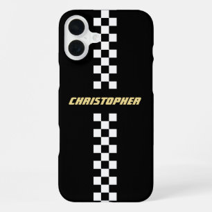 Black White Chequered Racing Flag Gold Monogrammed iPhone 16 Plus Case