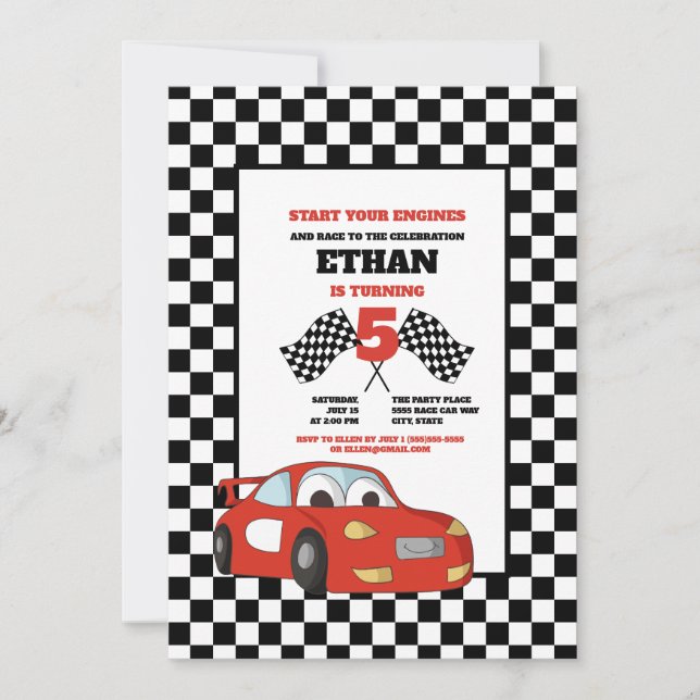 Black White Chequered Red Race Car Birthday Party Invitation (Front)