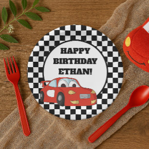Black White Chequered Red Race Car Birthday Party Paper Plate
