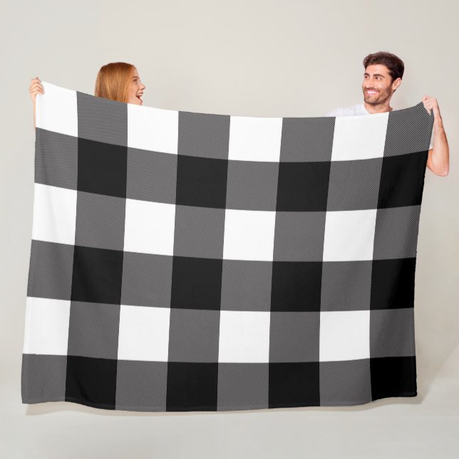 Black & White Chequered Squares Buffalo Plaid Fleece Blanket (In Situ)