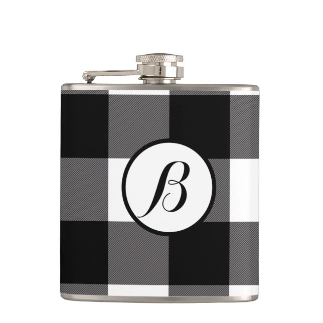 Black & White Chequered Squares Buffalo Plaid Hip Flask (Front)
