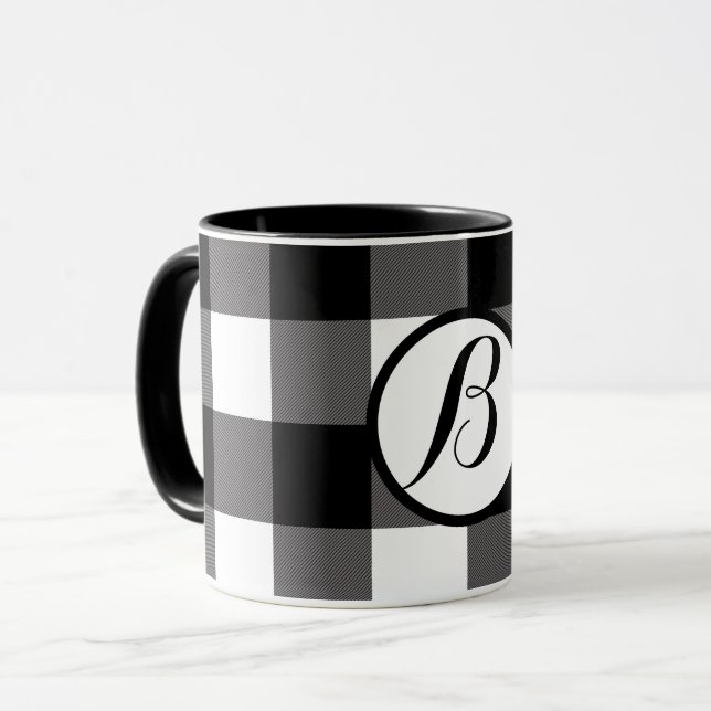 Black & White Chequered Squares Buffalo Plaid Mug (Front Left)