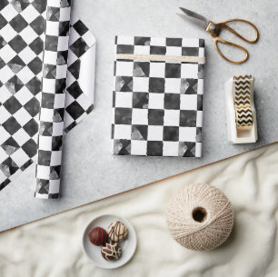 Black White Chequered Squares Race Car Birthday Wrapping Paper