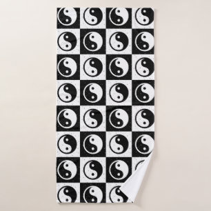 Black White Chequered Yin-yang Zen Block Print Bath Towel