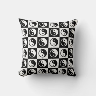 Black White Chequered Yin-yang Zen Block Print Cushion