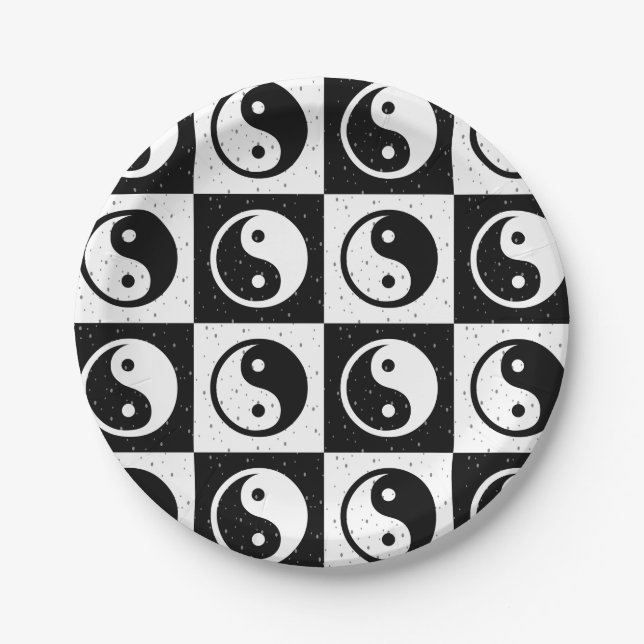 Black White Chequered Yin-yang Zen Block Print Paper Plate (Front)
