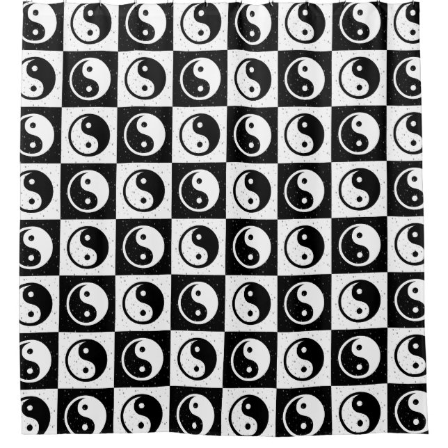 Black White Chequered Yin-yang Zen Block Print Shower Curtain (Front)