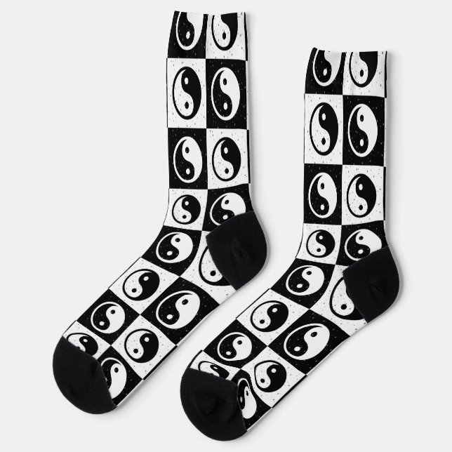 Black White Chequered Yin-yang Zen Block Print Socks (Left)