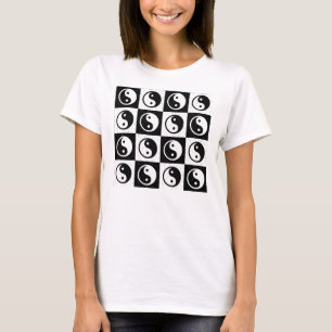 Black White Chequered Yin-yang Zen Block Print T-Shirt
