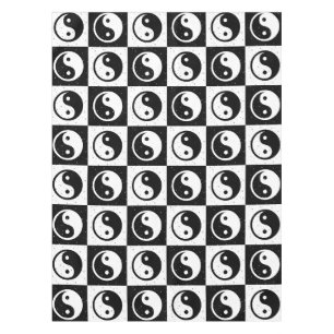 Black White Chequered Yin-yang Zen Block Print Tablecloth