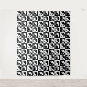 Black White Chequered Yin-yang Zen Block Print Tapestry