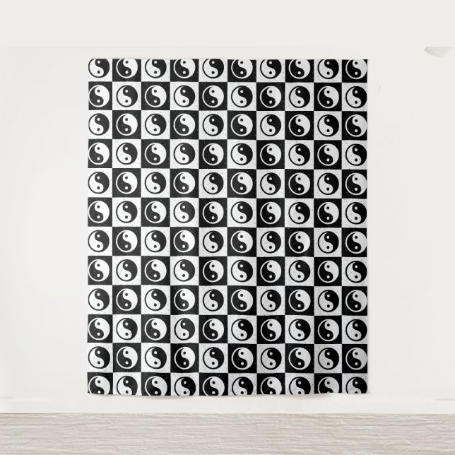 Black White Chequered Yin-yang Zen Block Print Tapestry (Front)