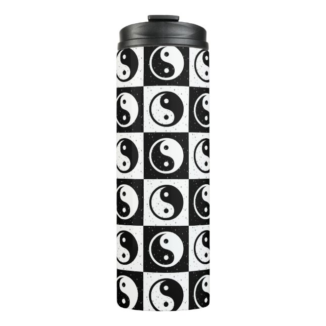 Black White Chequered Yin-yang Zen Block Print Thermal Tumbler (Front)
