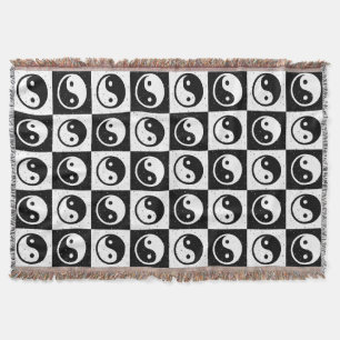 Black White Chequered Yin-yang Zen Block Print Throw Blanket