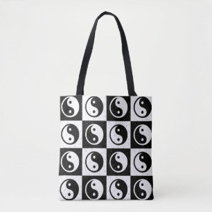 Black White Chequered Yin-yang Zen Block Print Tote Bag