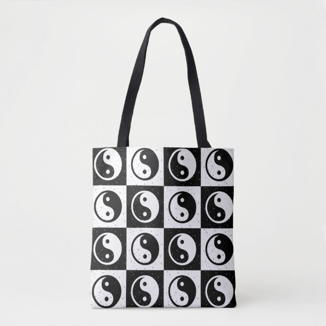 Black White Chequered Yin-yang Zen Block Print Tote Bag (Front)