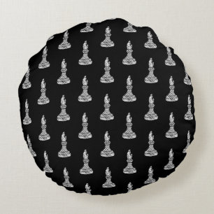 Black & White Chess Figures Linocut Bishop Round Cushion