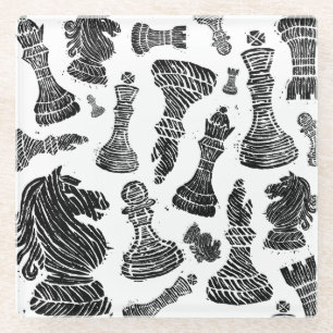 Black & White Chess Figures Linocut Glass Coaster