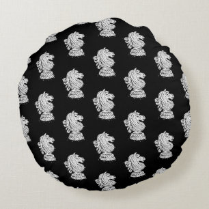 Black & White Chess Figures Linocut Knight Round Cushion