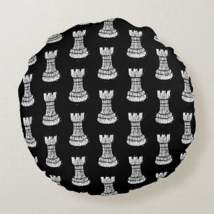 Black & White Chess Figures Linocut Rook Round Cushion