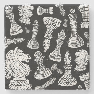 Black & White Chess Figures Linocut Stone Coaster