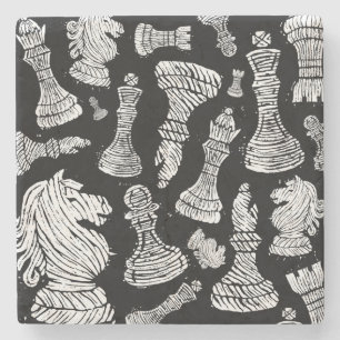 Black & White Chess Figures Linocut Stone Coaster
