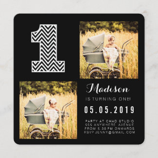 Black & White Chevron 1st Birthday Photo Cards