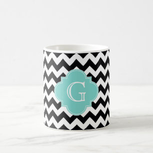Black White Chevron Aqua Quatrefoil Monogram Coffee Mug