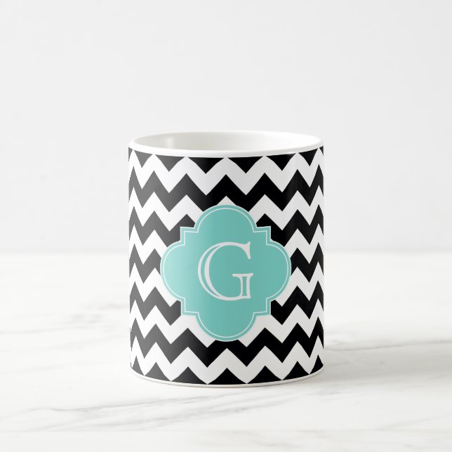Black White Chevron Aqua Quatrefoil Monogram Coffee Mug (Center)