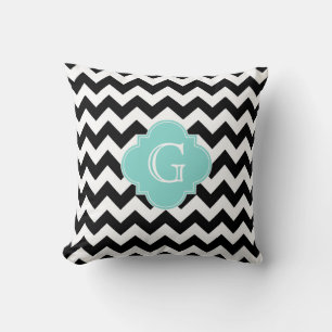 Black White Chevron Aqua Quatrefoil Monogram Cushion