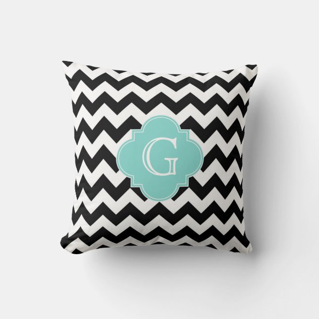 Black White Chevron Aqua Quatrefoil Monogram Cushion (Front)
