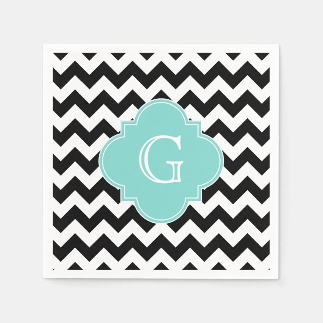 Black White Chevron Aqua Quatrefoil Monogram Napkin (Front)