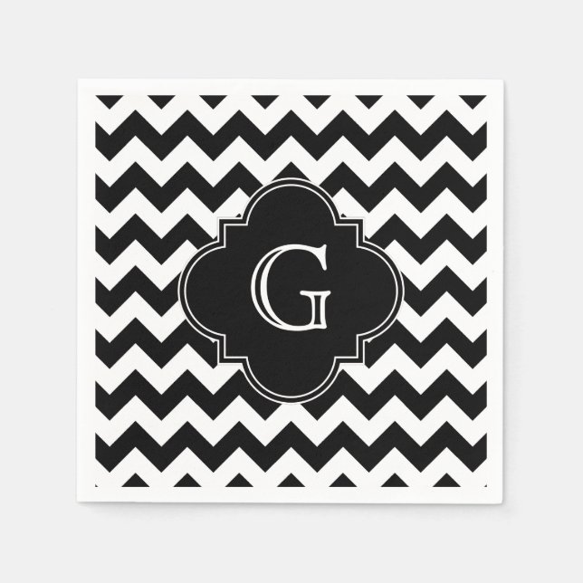 Black White Chevron Black Quatrefoil Monogram Napkin (Front)