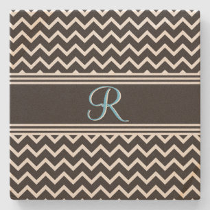 Black White Chevron Gothic Zigzag Monogram Stone Coaster