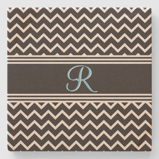 Black | White Chevron Gothic Zigzag Monogram Stone Coaster (Front)
