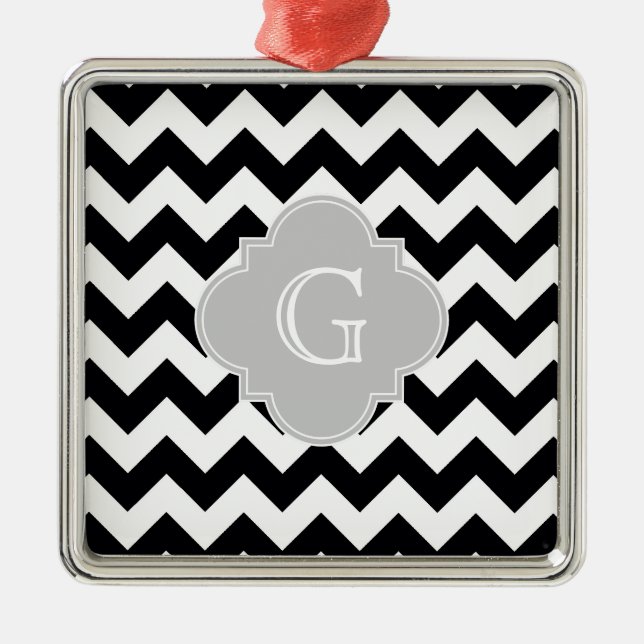 Black White Chevron Grey Quatrefoil Monogram Metal Tree Decoration (Front)