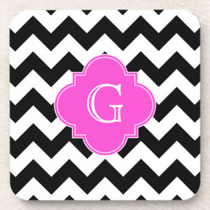 Black White Chevron Hot Pink Quatrefoil Monogram Coaster