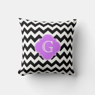Black White Chevron Lilac Quatrefoil Monogram Cushion
