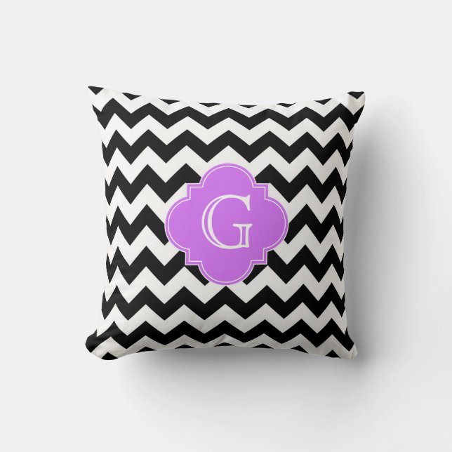 Black White Chevron Lilac Quatrefoil Monogram Cushion (Front)