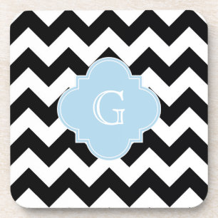 Black White Chevron Lt Blue Quatrefoil Monogram Coaster