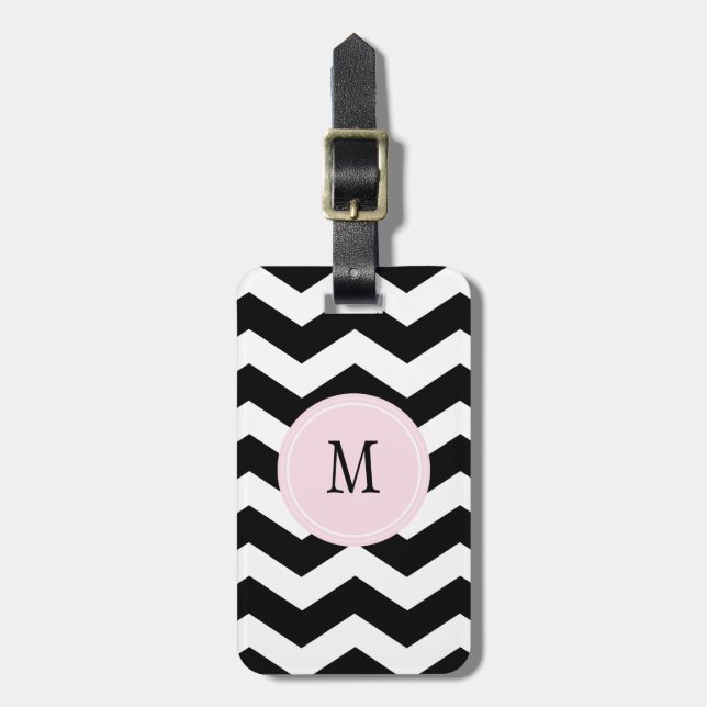 Black & White Chevron Monogram Luggage Tag (Front Vertical)