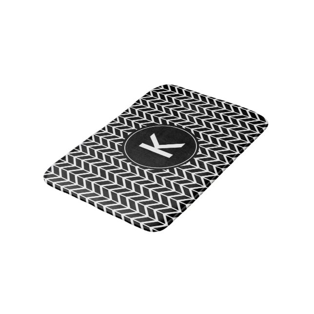 Black White Chevron Pattern Custom Monogram Bath Mat (Angled)
