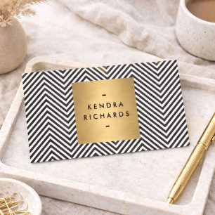 Black/White Chevron Pattern with Gold Name Logo Business Card
