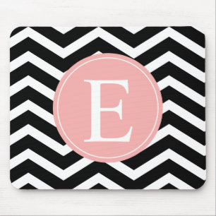 Black White Chevron Peach Monogram Mouse Pad
