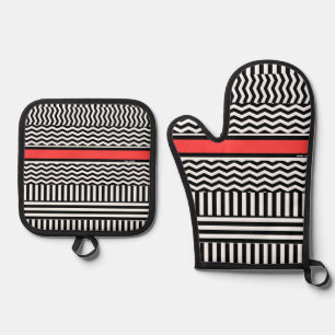 Black White Chevron + Red Band Oven Mitt & Pot Holder Set