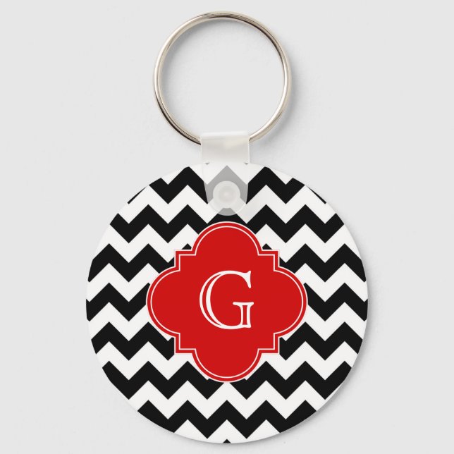 Black White Chevron Red Quatrefoil Monogram Key Ring (Front)