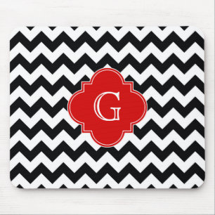 Black White Chevron Red Quatrefoil Monogram Mouse Pad
