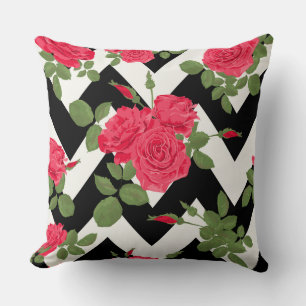Black/White Chevron Rose Decorative Pillow