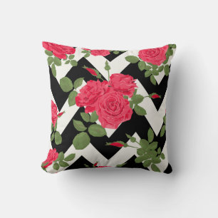 Black/White Chevron Rose Decorative Pillow